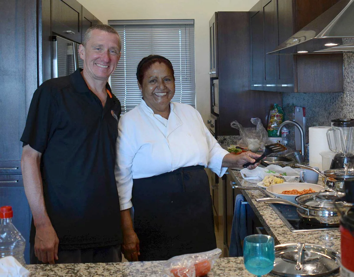 Jim with Chef Gloria in the Habaneros Test Kitchen overlooking the Sea of Cort&eacute;s, where the Mexican recipes served in Leduc were developed