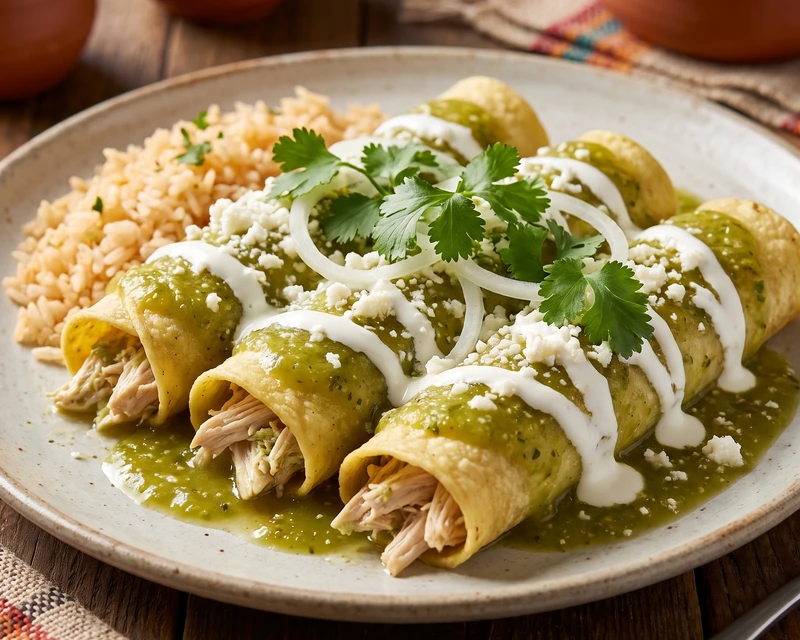Gluten-free enchiladas verdes in Leduc, AB - corn tortillas with salsa verde, crema fresca and cilantro at Habaneros Mexican Grill