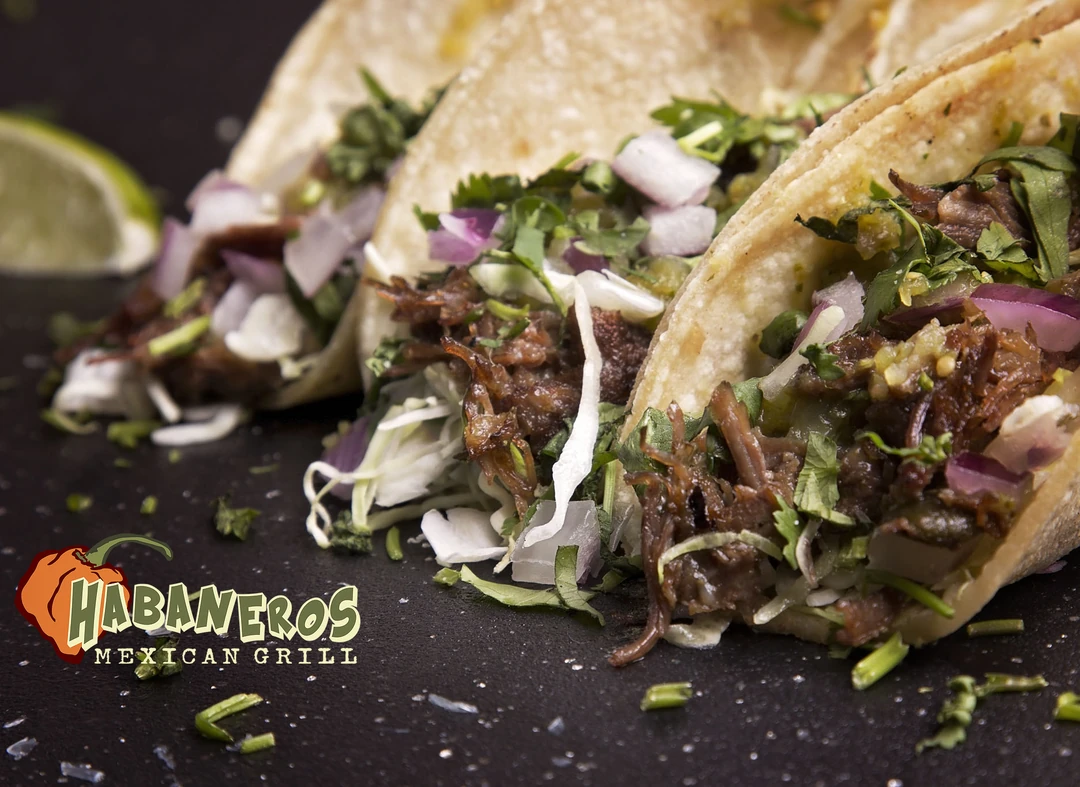 Mexican tacos with seasoned fillings and house-made salsa at Habaneros Mexican Grill on 48A Street, Leduc, AB